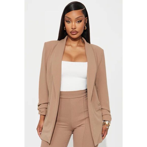 Fashion Nova Jackets & Blazers - New Fashion Nova Blazer Women Size L Brown Open Front Collared 3/4 Sleeve
